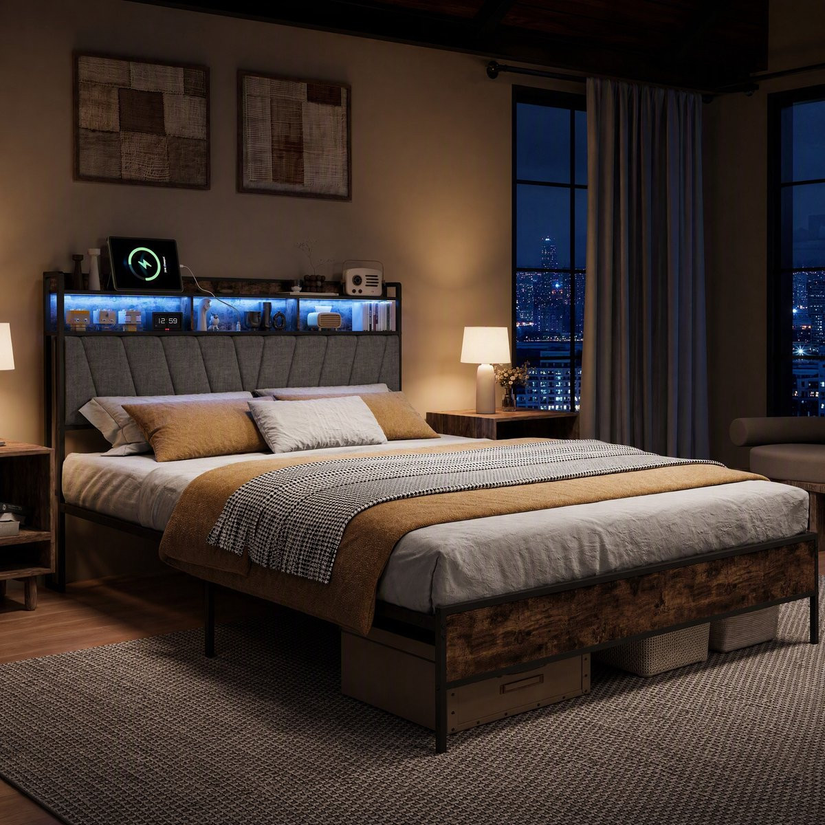 Tweepersoonsbed met opberg-hoofdbord, LED-verlichting, USB en Type-C oplaadpoorten en metalen bedframe, 160 x 200 cm