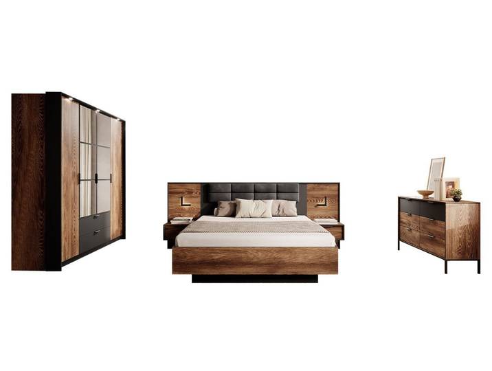 MIRJAN24 Schlafzimmer-Set Milton I, (5er-Set, Kommode, 2x Nachttisch, Kleiderschrank, Bett), Metallgriffe in der Farbe Schwarz