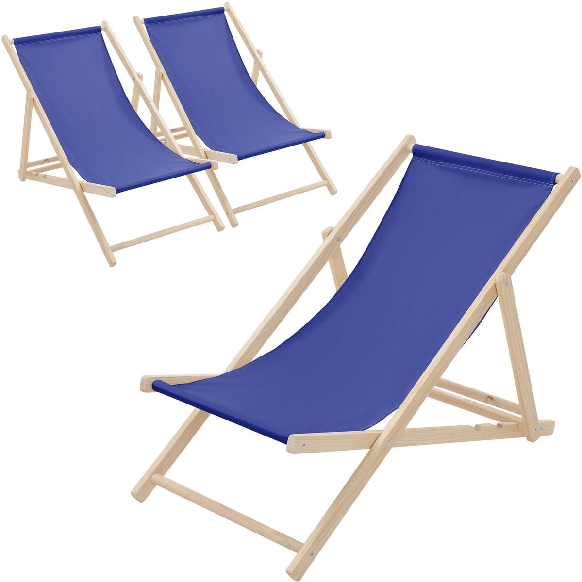 ECD Germany Set van 3 Opvouwbare Houten Ligstoelen Blauw met Armleuningen