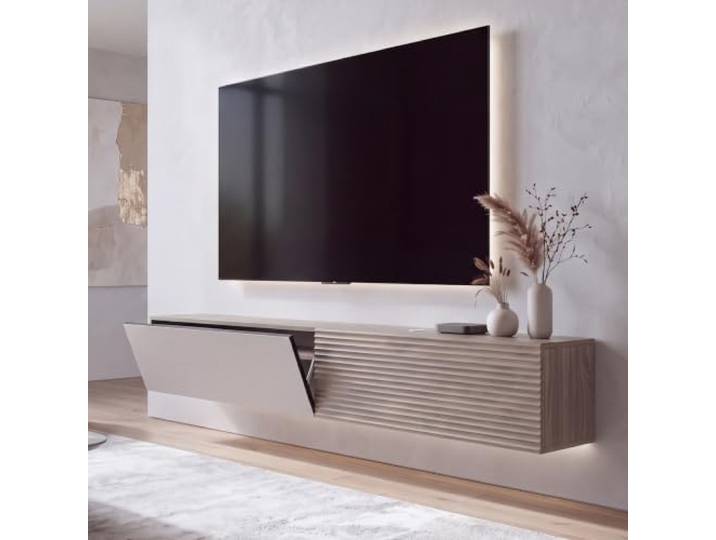 Mendler TV-Rack HWC-Q84, Wandmontage 30x160x30cm - Nussbaum Optik hell Lowboard, TV-Schrank, Klappfächer, 3D-Struktur, MDF, Melamin