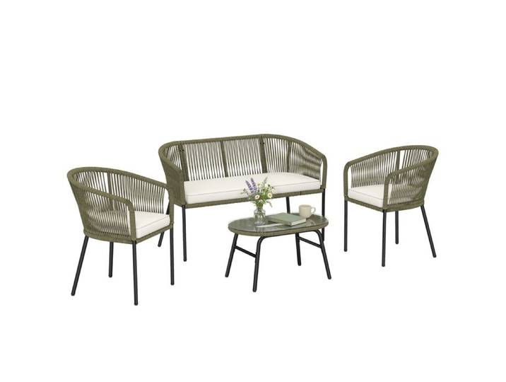 Salon de jardin extérieur - mobilier de jardin pour balcon - Outsunny - 4 places table basse verre trempé - PP rond tressé - crème