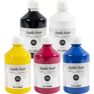 Creativ-Company Stoffmalfarben Textilfarbe, Primärfarben, 5 Farben, für helle Textilien, waschfest bis 40°C, 5x 500ml