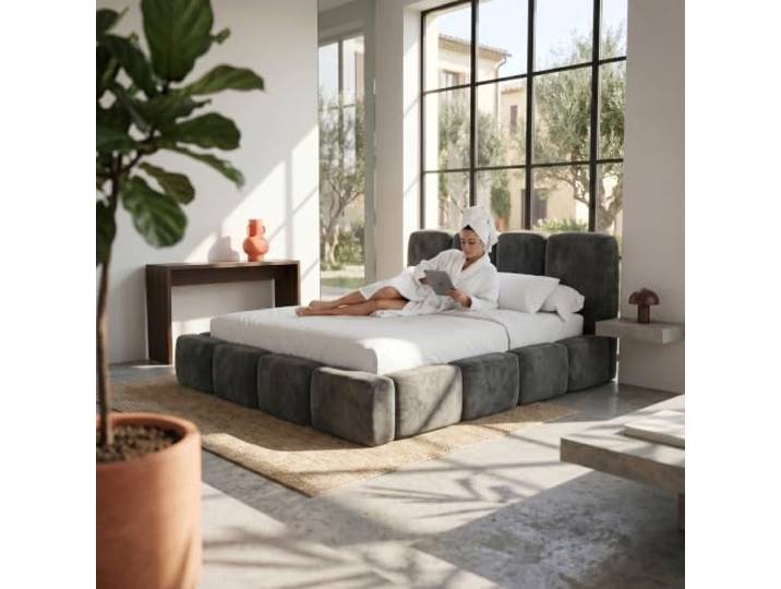 Muffo Polsterbett mit Bettkasten Velours 140x200 Grau Doppelbett, Stauraum, klappbarer Metalllattenrost, Hebemechanismus, gepolstertes Kopfteil, Whisper