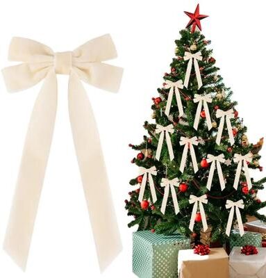 Inspire Select 12 Pcs Pink Velvet Christmas Tree Bows Large Rustic Ribbon Ornaments For Tree, Wreaths And Garland Decor white 10.2 In