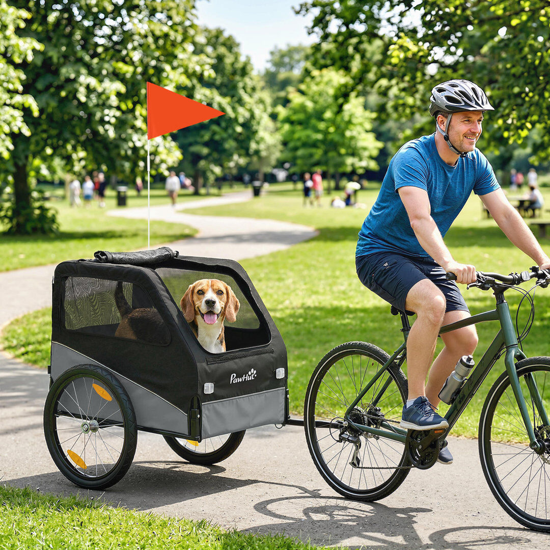 PawHut Dog Bike Trailer for Small & Medium Pets with 20 Rubber Wheels Grey Black, Grey 88cm H X 139cm W X 72cm D