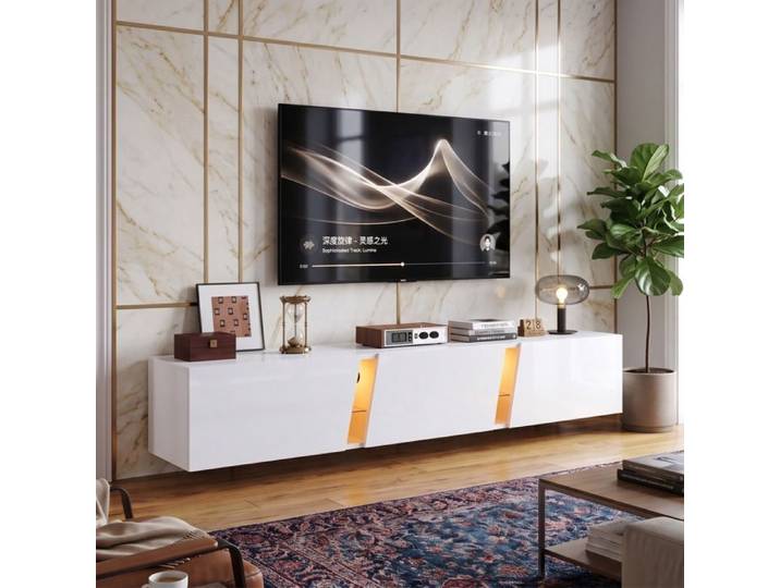 Meuble TV Suspendu 180x35x30 cm LED APP Gain de Place Design Soigné Laqué 3 Portes Rangement TV 75 Pouces