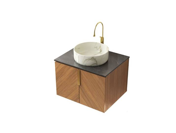 ROVRYN Meuble sous vasque suspendu 61 cm avec vasque ronde en céramique plan noir en pierre frittée 2 portes