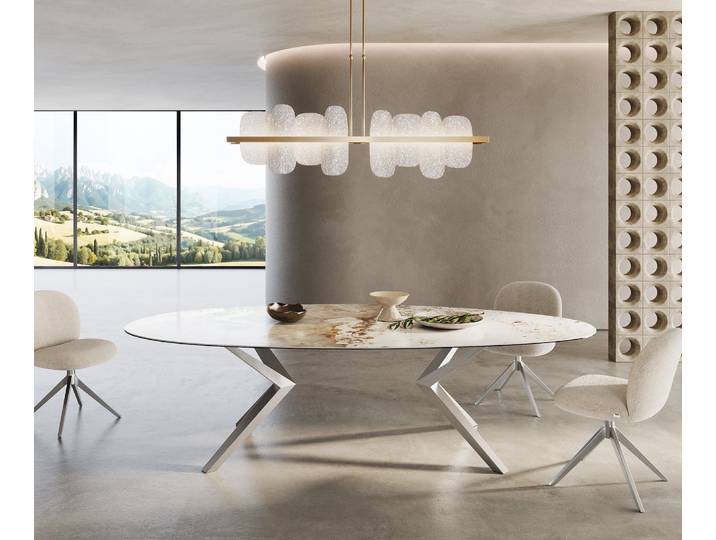 Esstisch Edge Oval 280x130 Keramik Minas Melange Weiß-Beige Zenthara kantig Edelstahl, Esstische