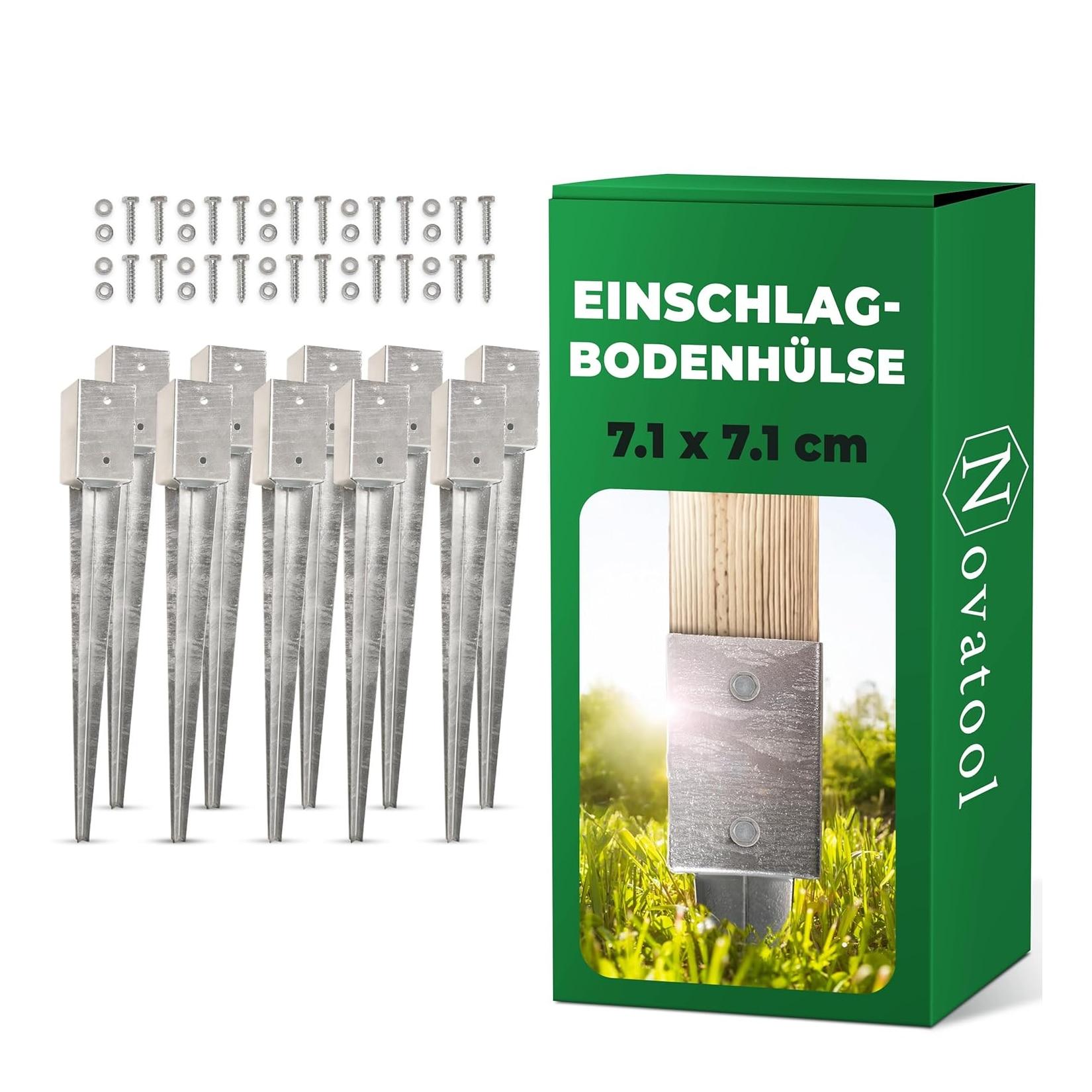 Novatool 10x Einschlagbodenhülsen-Set 71x71x750mm Bodenhülse Sonnenschirm Pfostenträger Zaunpfosten Holzpfosten Bodenhülsen Einschlaghülse Bodenanker Erdspieß zum Einschlagen , verzinkt , mit Schrauben