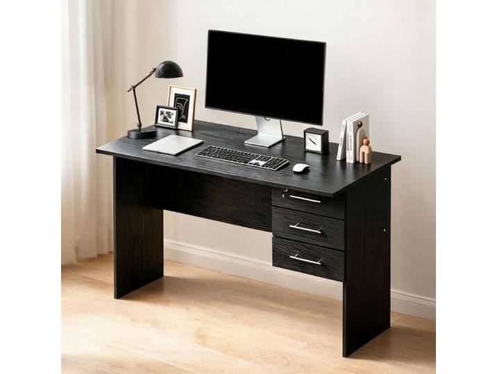 Bureau en bois noir 120x60x75 cm – 3 tiroirs avec serrure design polyvalent pour bureau chambre ou salon