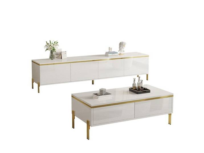 Ensemble meuble TV et table basse blanc brillant bords dores