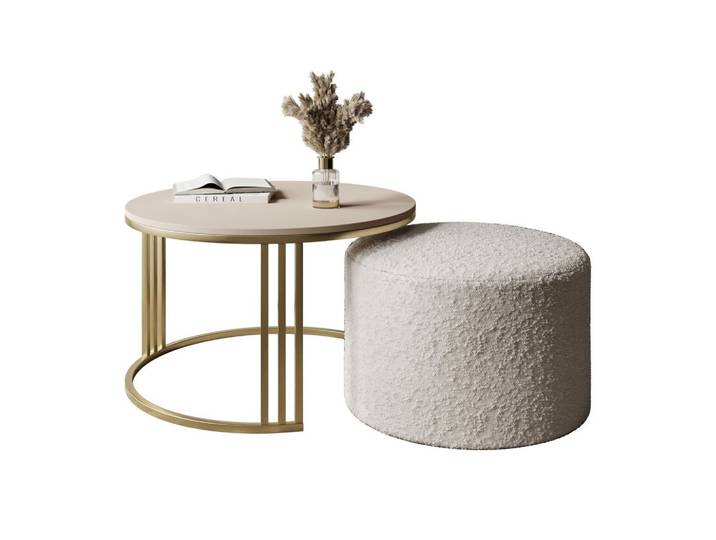 COUCHTISCH mit Hocker LORI MAT gebürstetes Gold/Kaschmir matt/Coral 65