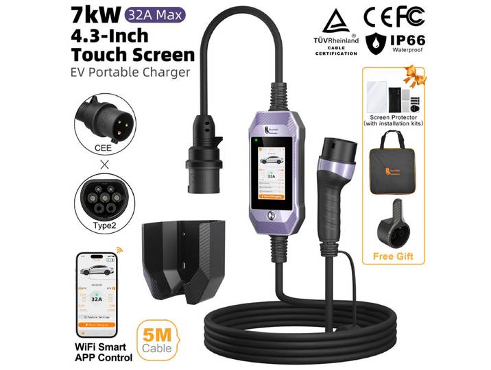 Feyree Chargeur EV portable 7 kW Type 2, chargeur domestique CA avec écran tactile 4,3 pouces et contrôle intelligent via application WiFi pour voiture électrique