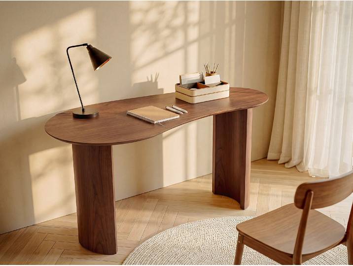 Schreibtisch mit abgerundeter Form - Nussbaumfurnier - Naturfarben dunkel - ALVARYS