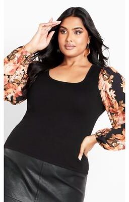 Plus Size Women's May Contrast Floral Sleeve Sweater by Avenue in Black (Size 18/20)