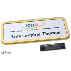 10 Namensschild mit Nadel OFFICE gold | 75 x 27 mm, Kunststoff