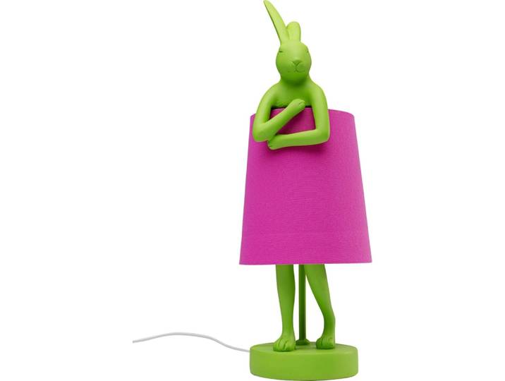 Lampe lapin en polyrésine verte et lin rose h50