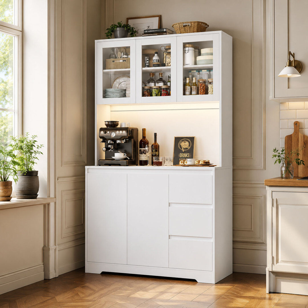 Brayden Studio 180cm Kitchen Pantry Kitchen Cupboard With LED & Shelves & Drawers & Countertop White 180cm H X 100cm W X 38.5cm D