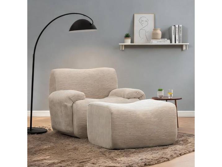 Fauteuil en chenille beige-toné avec pouf garnissage mousse haute résilience sans montage