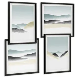 BILDER SET 4er Set - 50x50 cm & 40x60 cm Schwarzer Rahmen - Berge minimalistische Pastellfarben