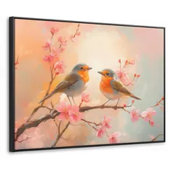 LEINWAND Bilder mit Rahmen - Rotkehlchen - Zierpflanze - Blütenzweig - 70x50