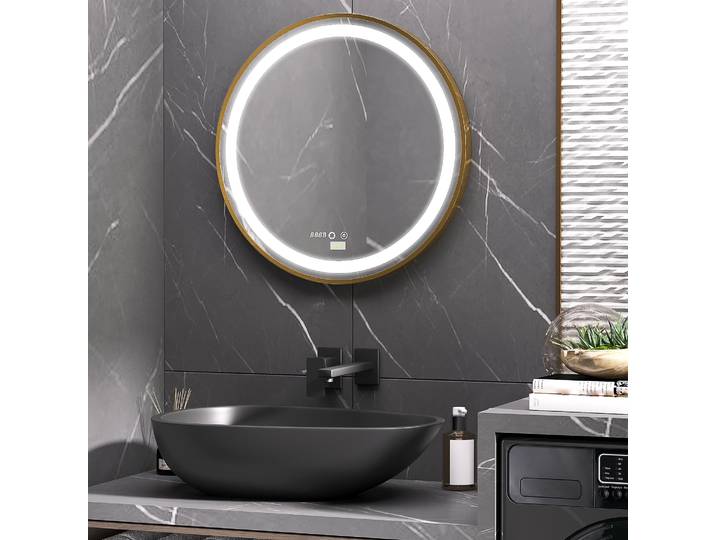 kleankin Miroir Rond LED avec Température Réglable et Horloge