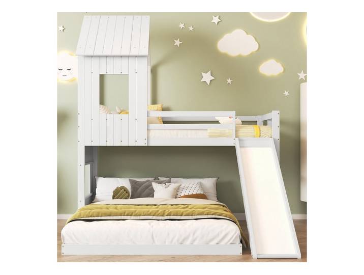 EXTSUD Etagenbett 140x200 & 90x200 cm – Hausbett mit Rutsche & Dach