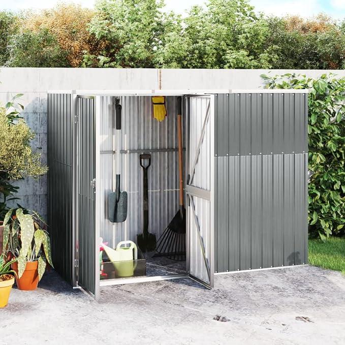 Gerätehaus Geräteschuppen Gartenhaus Metall Schuppen Gartenschuppen mit Schrägdach Garten Schuppen Gartenschrank mit Stauraum Verzinkter Stahl Grau 225x89x161 cm