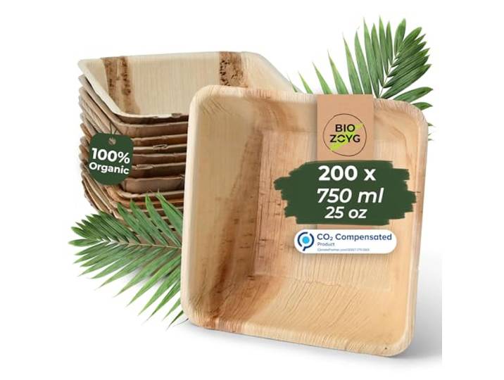 BIOZOYG Palmblatt Geschirr, Schale 200 Stück 750 ml 18 cm quadratisch - Einweg Suppenteller Salatschale kompostierbar Palmblatt Schüssel - Einweg Bowl Partygeschirr