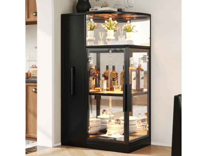 Merax Ausziehbare Glasvitrine 64x42x112 cm mit LED-Beleuchtung, doppelseitigem ESG-Glas, ausziehbarem Seitenschrank, Schwarz