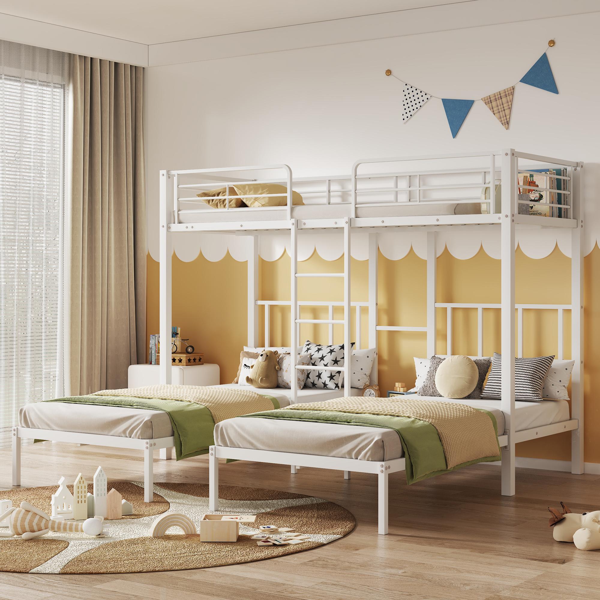 [30544849WAA] Dreierbett 90x200x3 cm, dreifaches Etagenbett, Leiter, Fallschutzgitter, Tisch (White)