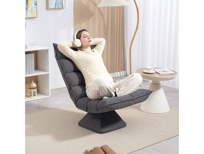 Fauteuil relax fauteuil salon design capitonné inclinaison dossier réglable pivotant 360° revêtement lin gris chiné