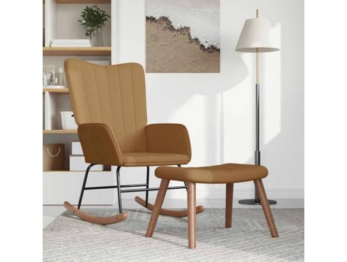 NLQMSU Schaukelstuhl, Braun, Velours, mit Fußstütze Stabiler Stahlrahmen, Schienen aus Holz, Rückenlehne Design, Kapazität 110 kg