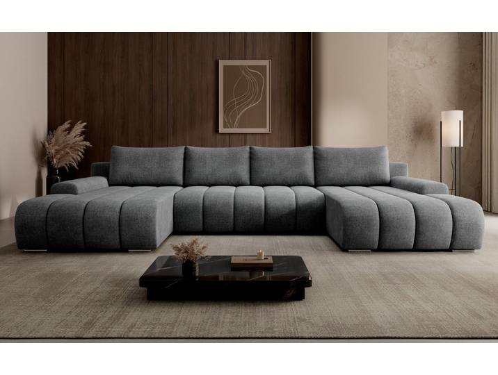 PROMETO Möbel Ecksofa Porto U mit Schlaffunktion und Bettkasten U-Form mit Kissen