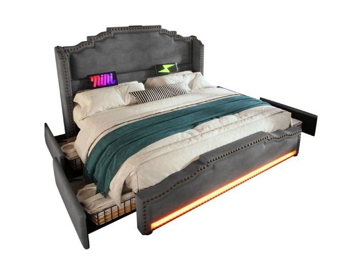 Jugendbett 140×200 Grau Polsterbett mit 4 Schubladen LED-Beleuchtung und USB-C Stauraumbett aus Samt ohne Matratze