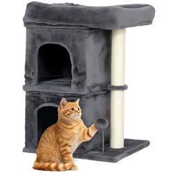 PawHut Kratzbaum klein, 66 cm hoch Katzenbaum mit 2 Höhlen, Spielball, Dunkelgrau