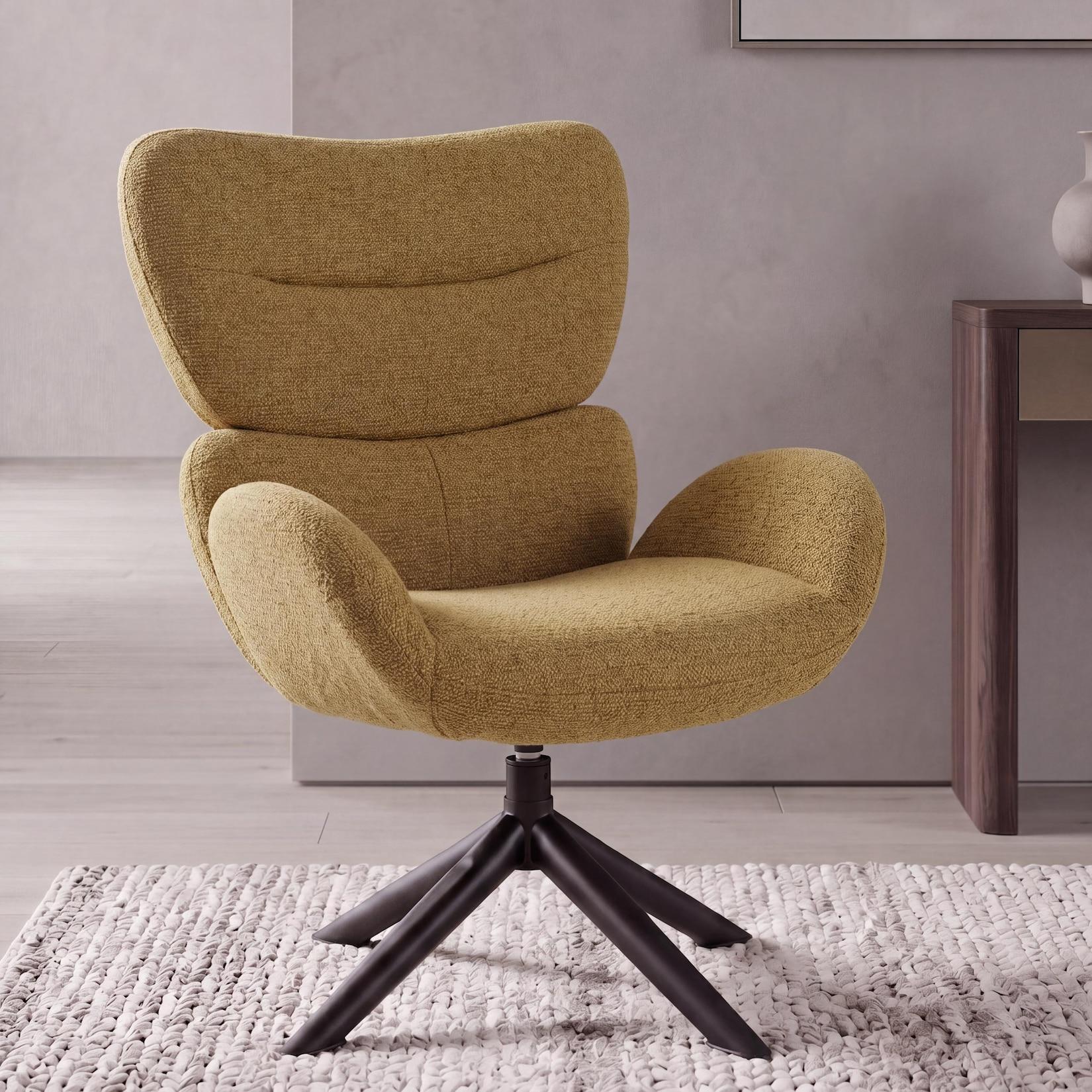 Loungestuhl MCW-Q53, Sessel Loungesessel Esszimmerstuhl, drehbar Metall Chenille (420g/m²) ~ senfgelb