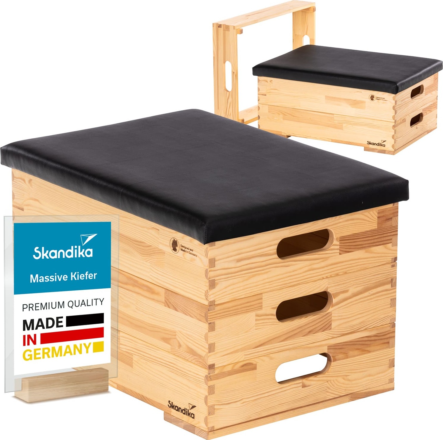 Skandika Vira Sprungkasten 3-teilig | Plyometrischer Sprungkasten aus massivem Holz, Germany, mit 3 Segmenten & Polsterung aus veganem Leder