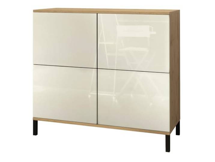 Vladon Kommode Rova V3, Moderner Küchenschrank mit 4 Push-to-Open Türen Eiche Evoke/Creme Hochglanz (92,5 x 83.5 x 35)