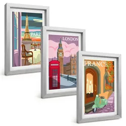 BILDER SET 3er Set - 20x30 cm Silberner Rahmen - Ansichten Paris London Retro