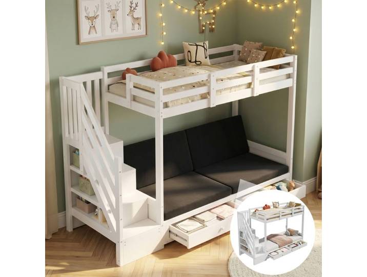 Lit superposé enfant blanc 90x200 avec escalier 2 tiroirs lit bas convertible canapé coussins inclus sans matelas multifonction