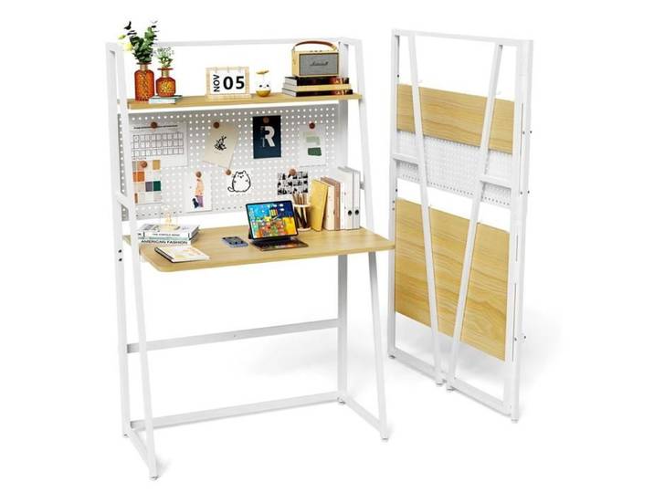 Table de Bureau Pliante avec étagère- Table D'ordinateur Pliable 80X48x136.5cm - Bureau Pliant pour Écrire Étudier - Beige