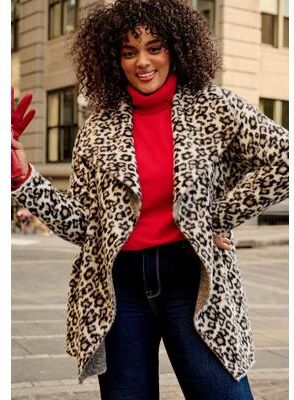 Plus Size Women's Open Front Coatigan by Avenue in Ivory Snow Leopard (Size 14)