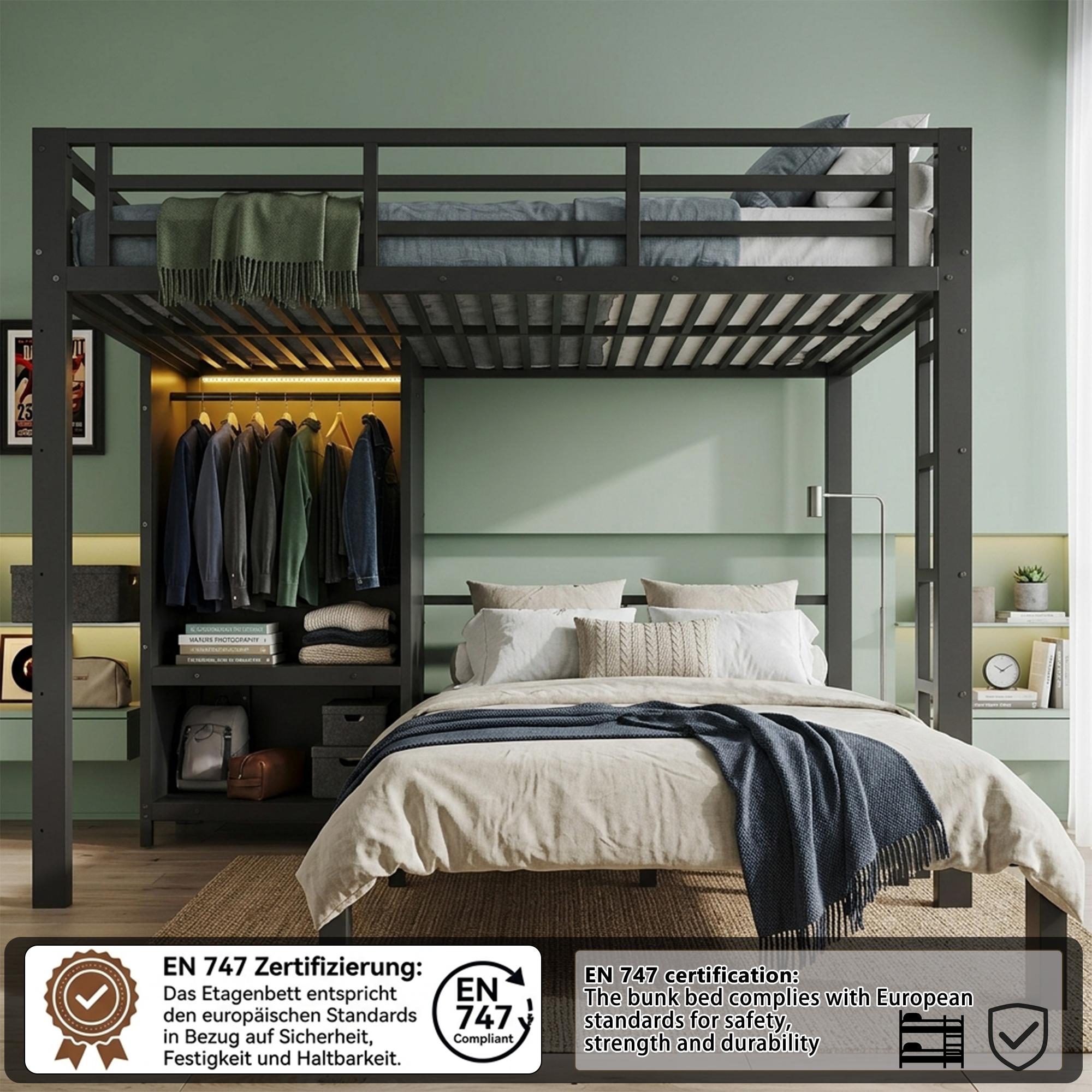 Metallbett 120x200cm, Doppelstockbett, 2 Liegeflächen, Kleiderschrank, LED (Black)