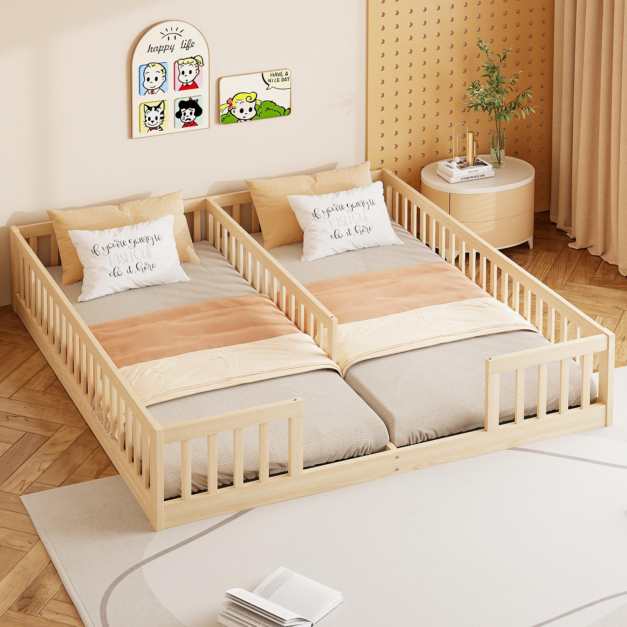 MODFU Kinderbett Bettgestell 90x200 cm mit Geländer,Doppelbett mit Lattenrost,Holzbett,ür Familien mit zwei Kindern,Mit zwei Matratze,Natur