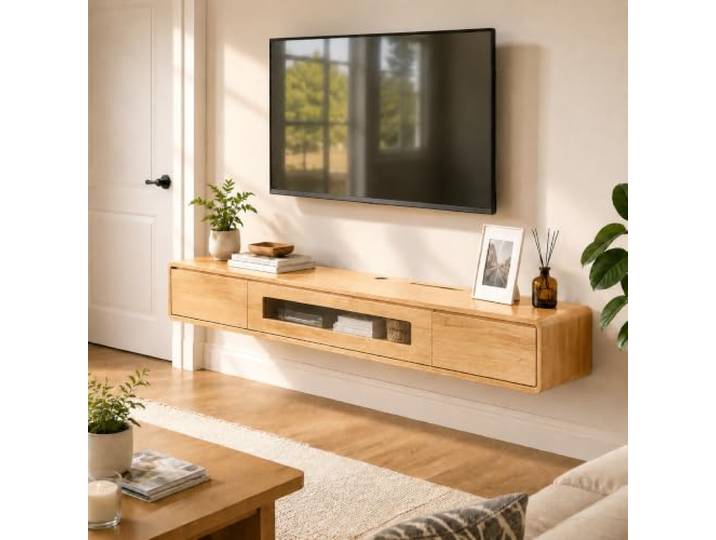 TV-Lowboard Hängend mit TV-Kabelöffnung und Öffnung für Router-Antenne TV-Lowboard aus Massivholz mit halboffenem Glasfach für Wohnzimmer und Büro(Natural wood,140cm/55.1in)