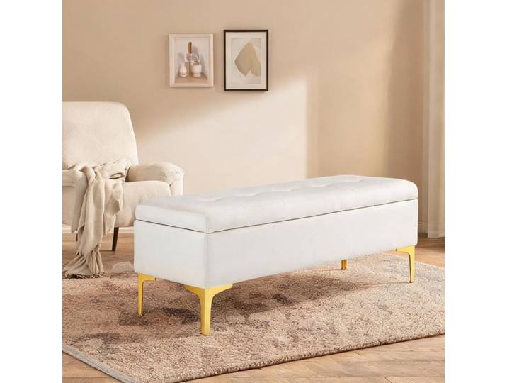 Banquette coffre beige 120 cm capitonnée pieds dorés pour chambre et séjour