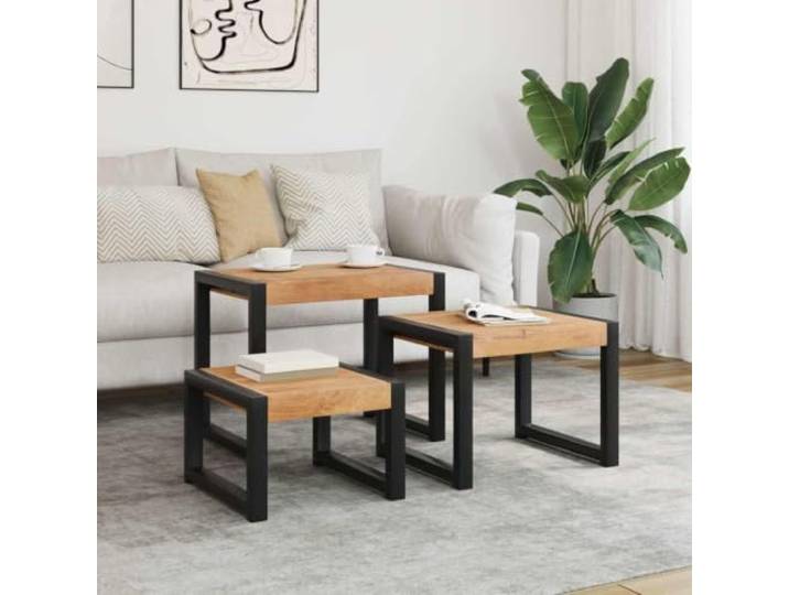 Satztische 3 Stk Massivholz Akazie Gummibaum mit Stahlgestell Vintage Stapelbar, Retro-Design, robuste Stahlgestelle, handwerklich verarbeitet, individuelle Farbgebung