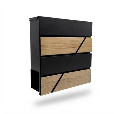 Relaxdays Briefkasten, Holzoptik, mit Zeitungsfach, Postkasten, HBT: 37x37x11 cm, 4x Schlüssel, Eisen, schwarz/natur