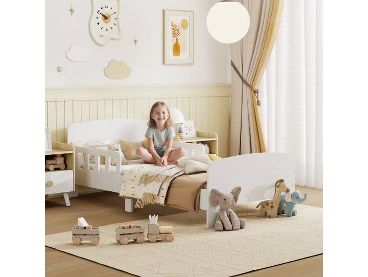 AIYAPLAY Lit Enfant Bois Blanc avec Barrières 143.5x74.2x54 cm